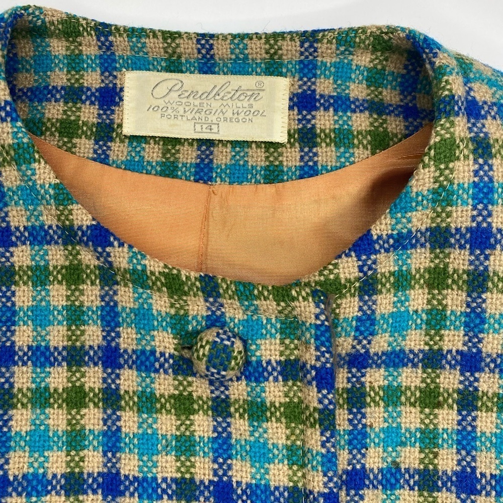 60’s Pendleton Wool Plaid 2Pc Coat Skirt Set Green, Blue, Beige Sz14 EUC - Picture 7 of 10